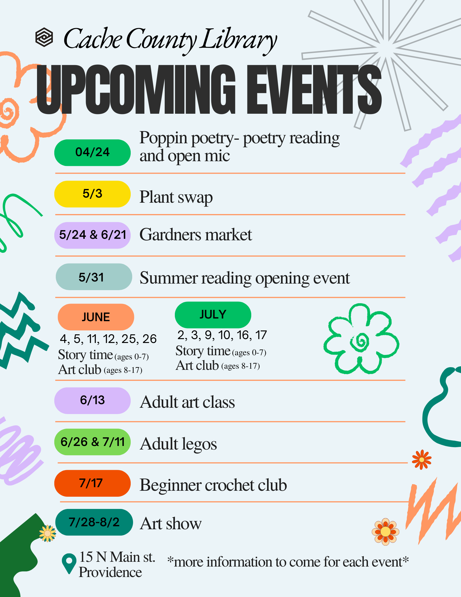 Upcoming events at the library (April - August).