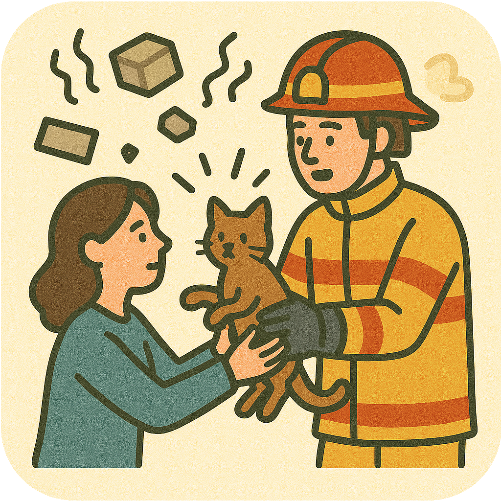 Artistic graphic of a cat rescued by a fireman who is handing it to a woman