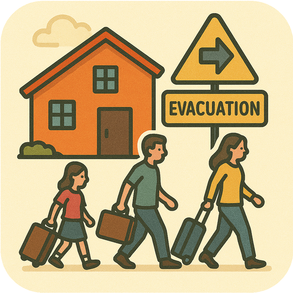 Artistic representation of people evacuating a residential neighborhood