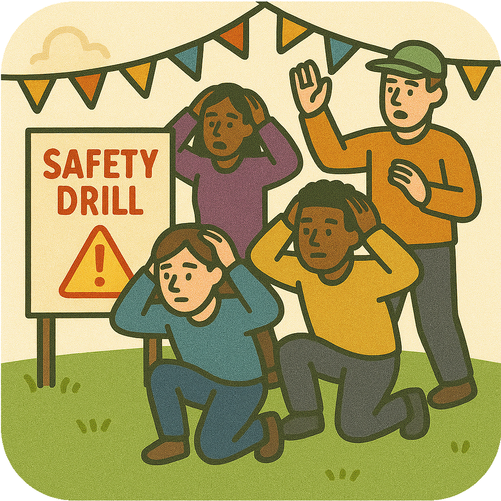 Artistic graphic representing a group of people at an outdoor safety drill